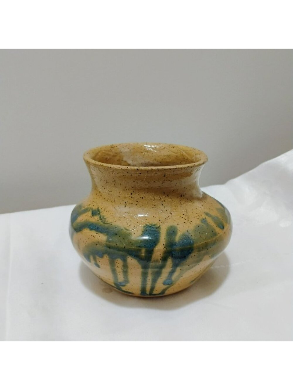 Hand Crafted Beige Blue Ceramic Bud Vase, Drip Glaze North Carolina Pottery 4.5"